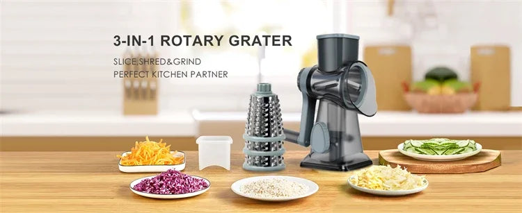 3-in-1 Rotary Cheese Vegetable Grater Nut Grinder Manual Kitchen Slicer with Clear Container for Peanut Food Prep