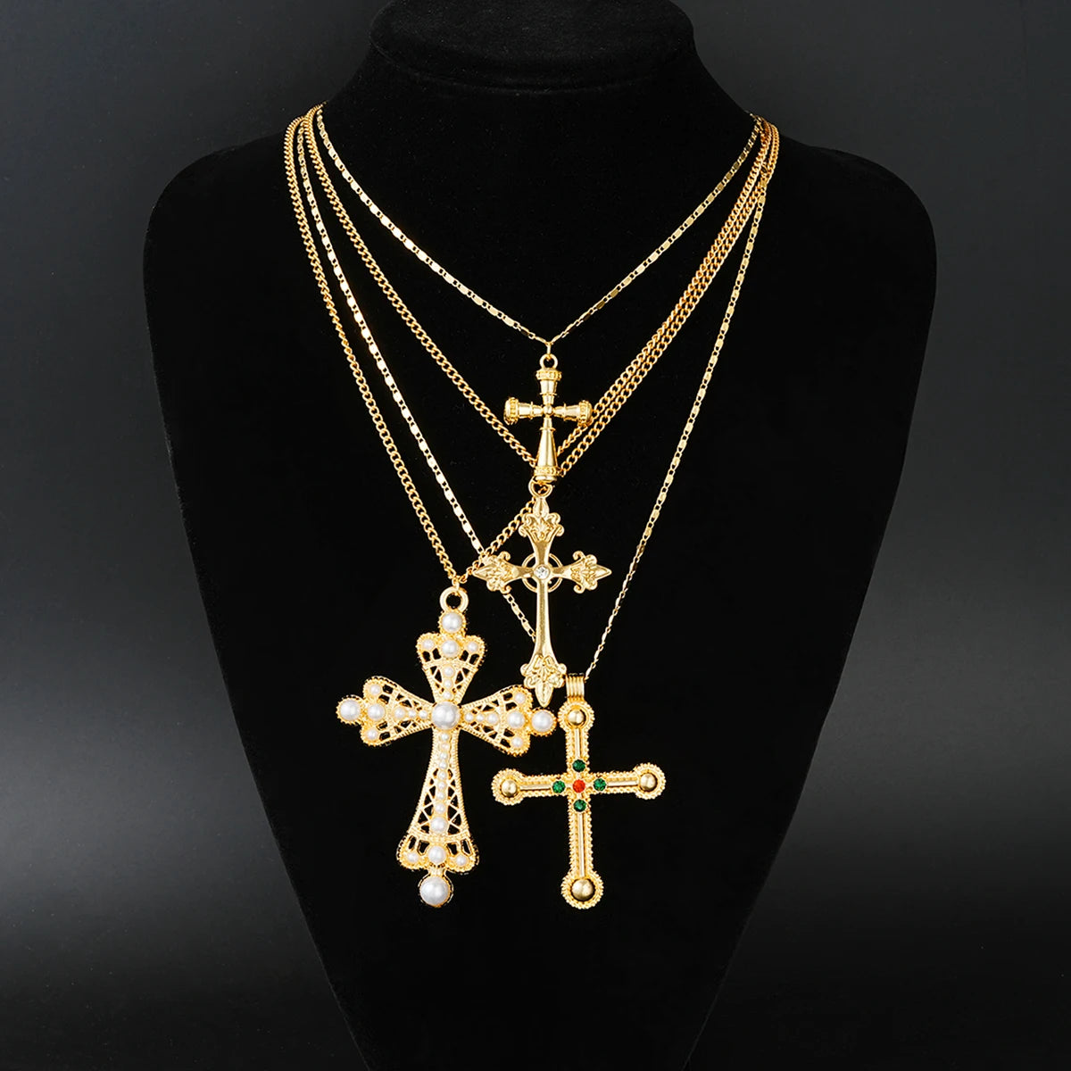 4pcs Fashion Punk Cross Pendant Necklace Set for Women - Vintage Artificial Crystals Exaggerated Multi-Layer Necklaces New Jewelry