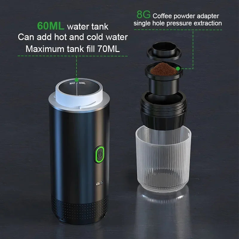 Wireless Electric Portable Espresso Coffee Machine for Car, Home, Camping - 3-in-1 Capsule and Powder Travel Coffee Maker