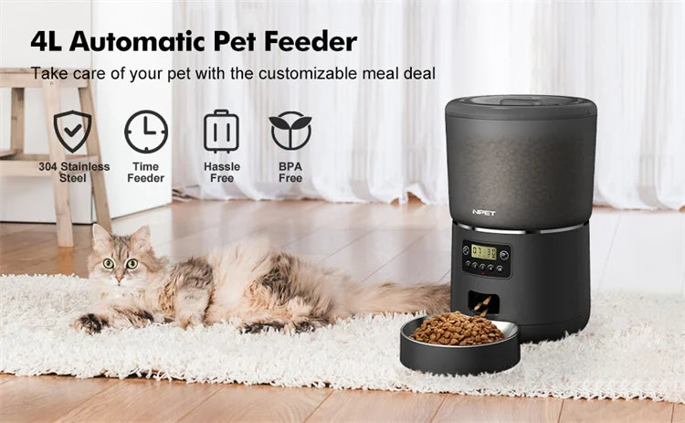 NPET 4L Automatic Smart Pet Feeder for Cats and Dogs - Multiple Pets Compatible with Stainless Steel Bowl, Customizable Healthy Food Portions (1-9)
