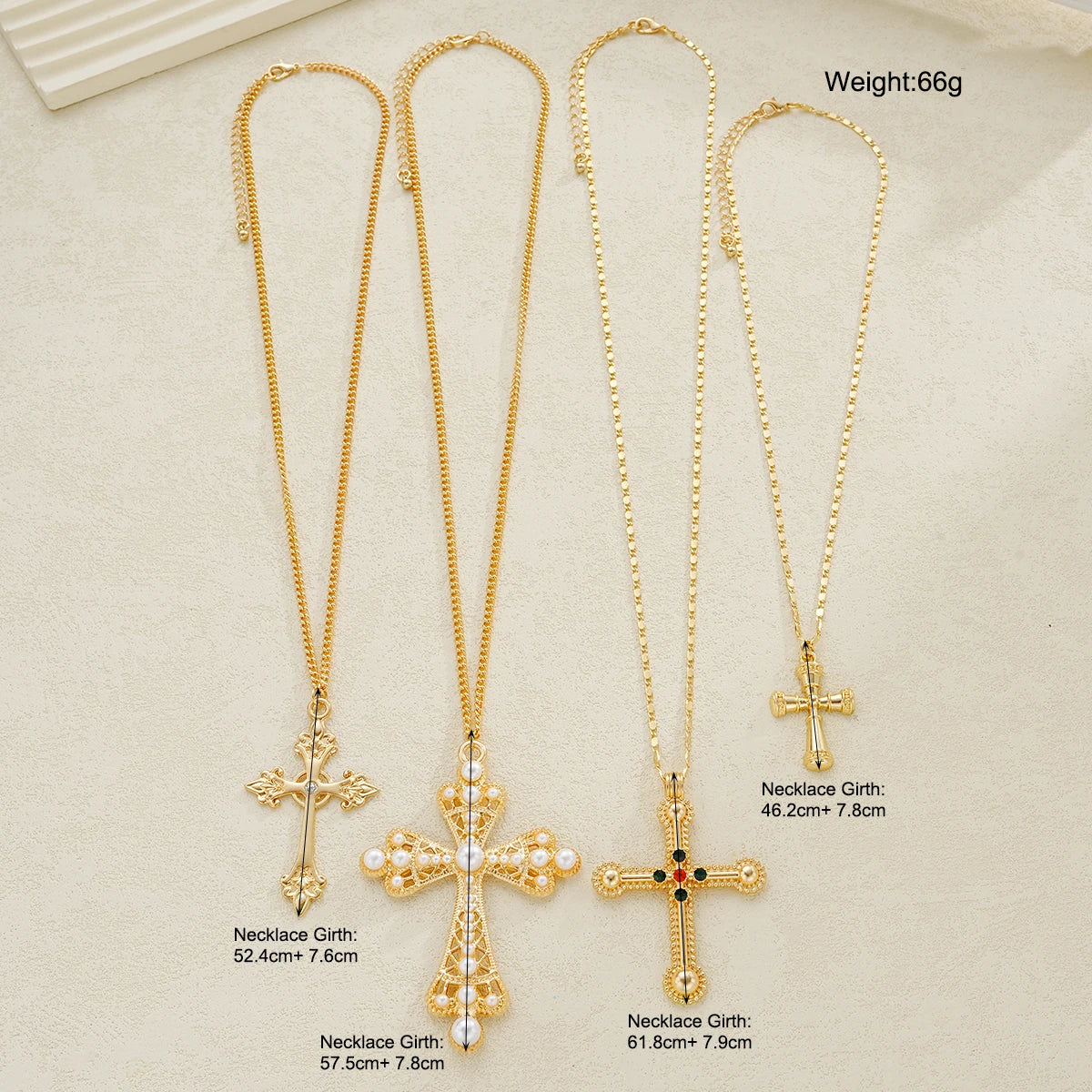 4pcs Fashion Punk Cross Pendant Necklace Set for Women - Vintage Artificial Crystals Exaggerated Multi-Layer Necklaces New Jewelry