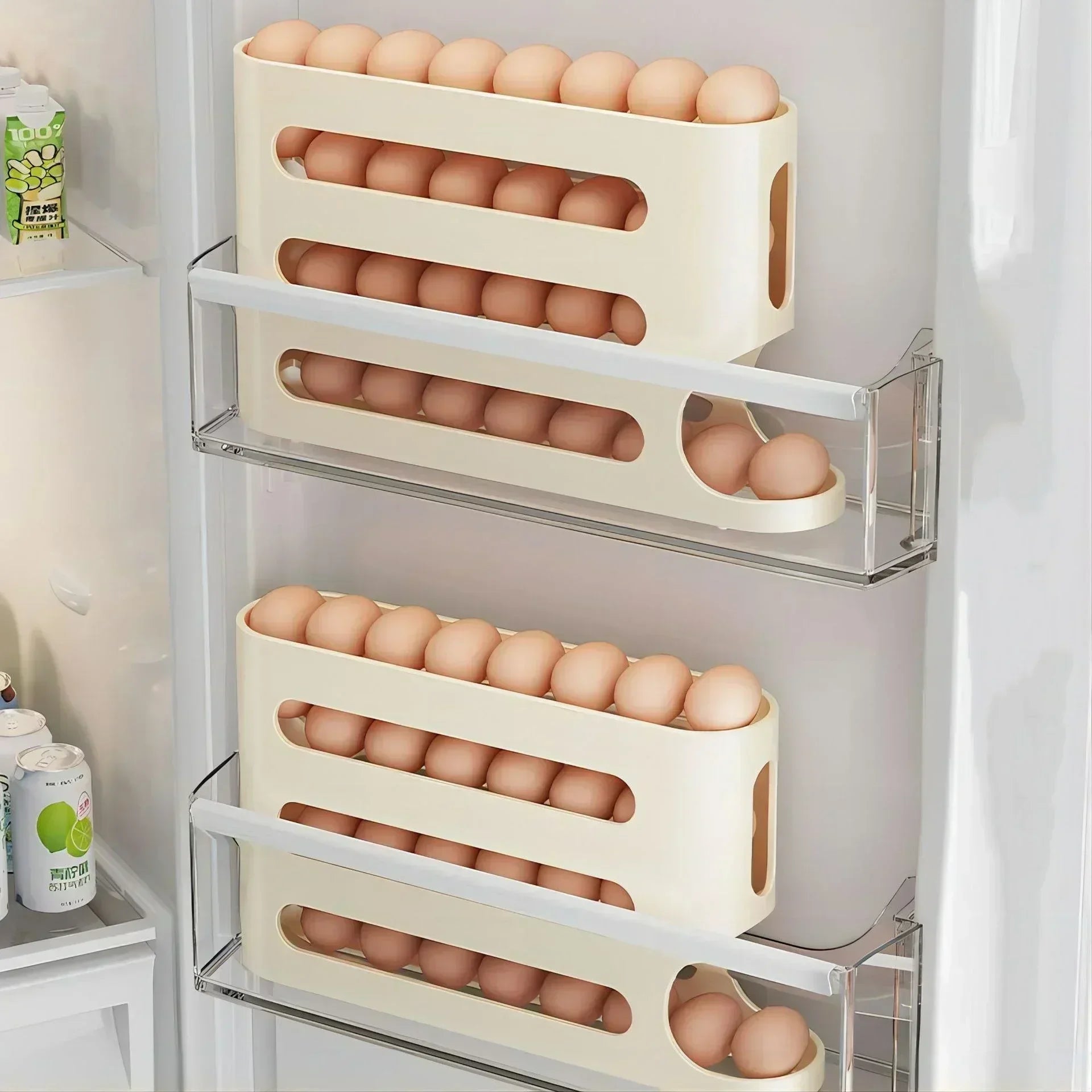 SEO Title: 2–4 Layer Slide Egg Storage Box – Ladder-Style, Large Capacity, Auto-Rolling for Refrigerator Door