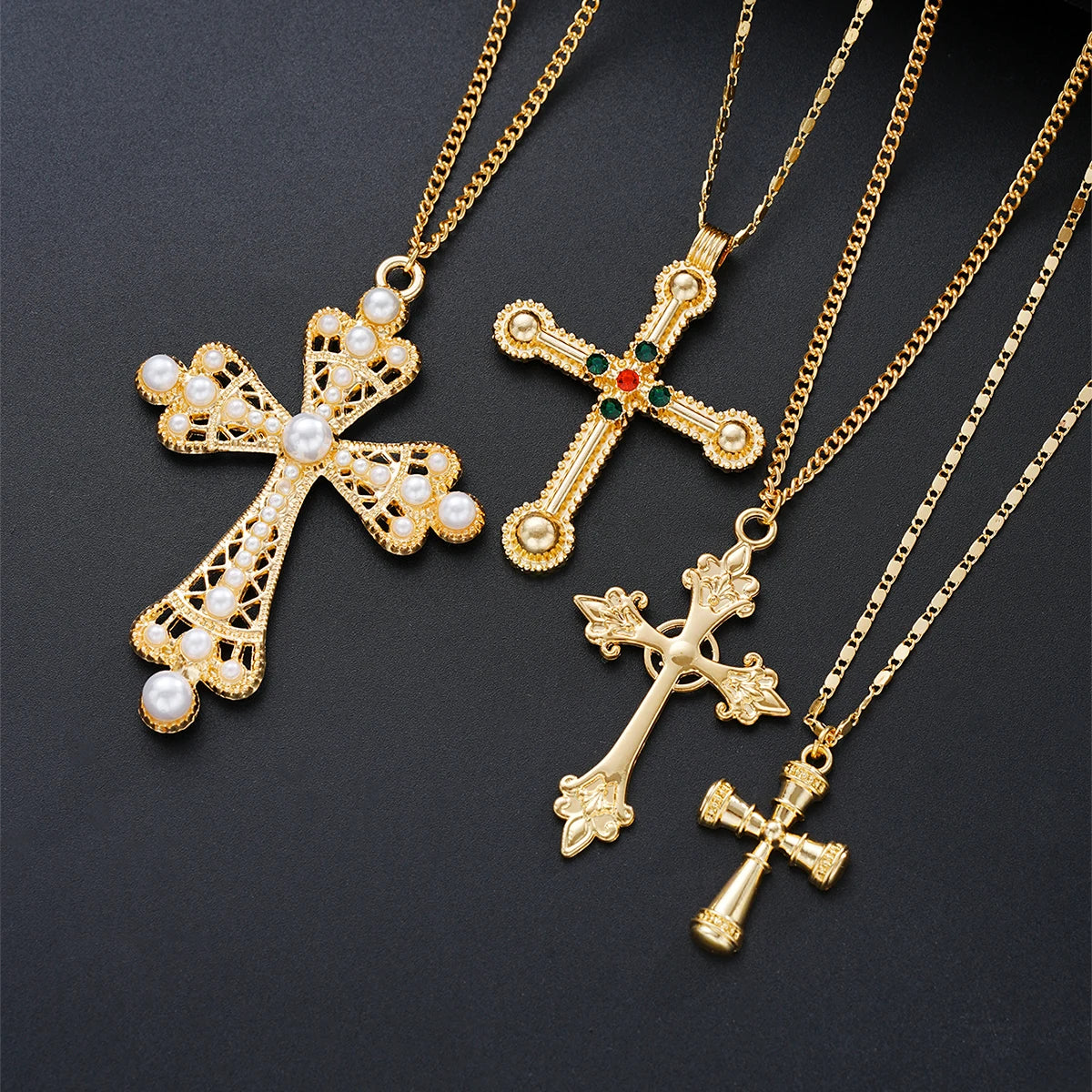 4pcs Fashion Punk Cross Pendant Necklace Set for Women - Vintage Artificial Crystals Exaggerated Multi-Layer Necklaces New Jewelry