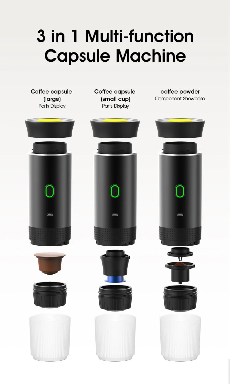 Wireless Electric Portable Espresso Coffee Machine for Car, Home, Camping - 3-in-1 Capsule and Powder Travel Coffee Maker